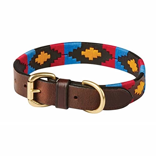 WeatherBeeta Polo Leather Dog Collar, Cowdray Brown/Pink/Blue/Yellow, Medium