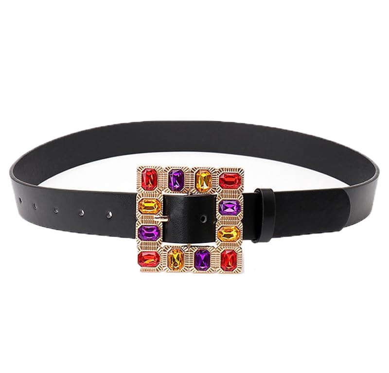 Women's Colorful Rhinestone Square Buckle Leather Belt for Jeans Dresses Pants