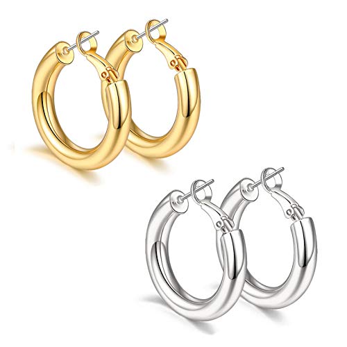 sovesi Gold Hoop Earrings for Women 14K Gold Plated Gold Chunky Hoops Earring for Women Gold25mm/Silver25mm