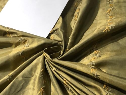 Taffetas de soie brodé olive pour robes de cérémonie et rideaux