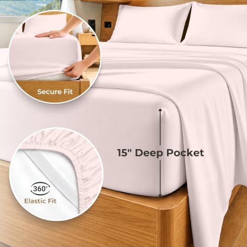Image of SGI bedding 100% Egyptian Cotton Sheets RV King Size - 600 Thread Count Sheets Set, Soft, Cooling, 15 inch Deep Pocket, Luxury Hotel Bedding, Breathable, Durable - Blush