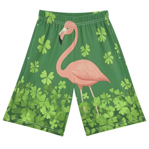 Flamingo Four Leaf Clover Sleep Shorts Summer Pajama Shorts Elastic Waist Sleep Bottoms with Pockets 6-14 Years