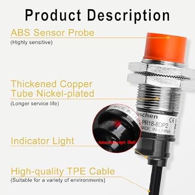 Heschen M18 Inductive Proximity Sensor Switch PR18-8DP2 Cylindrical Type Detector 8mm DC12-24V 3-Wire PNP NC(Normally Closed) CE