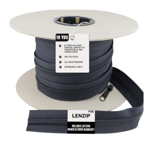 EZ-Xtend #10 Lenzip Continuous Chain Coil Zipper By The Yard with Non-Locking Sliders. Boat Cushions, Bags, DIY Sewing, Upholstery, Replacement Zipper(5 Yards & 4 Single Pulls)