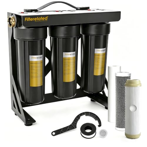 Image of Filterelated Upgraded 3-Stage RV Water Filter w /Bracket, PP+Polyphosphate, Carbon Block & 0.01μm UF, 3 /4 inch Brass Fittings, Reduces Sediment, Chlorine, Metals, Odors - for Camper, Boat, Garden
