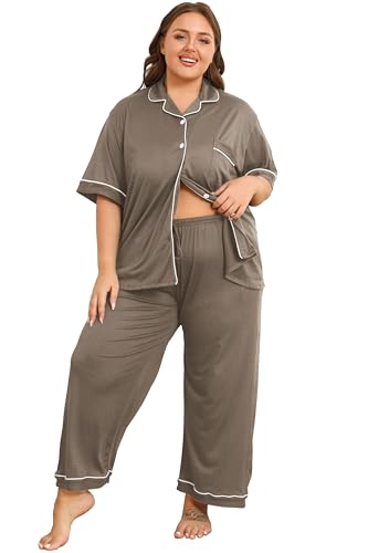 Image of Vozanet Women's Plus Size Pajamas Button Down Shirt and Pants Soft Lounge Sets Bride Nighty Bottom with Pockets 1x to 5x