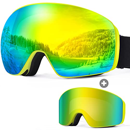 CRISLEX Ski Goggles OTG with 2 Interchangeable Lens, Magnetic Snowboard Goggles Revo Anti-fog/UV for Man,Women,Youth (Green)
