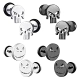 SYEYCW 4 Paar Totenkopf Ohrringe, Anti-Allergie Edelstahl Schädel Ohrstecker Punk Stil Dekorative Ohrringe Grimasse Ohrring Set mit Schrauben Ohrschnallen Zubehör Neuheit Schmuck für Männer Frauen