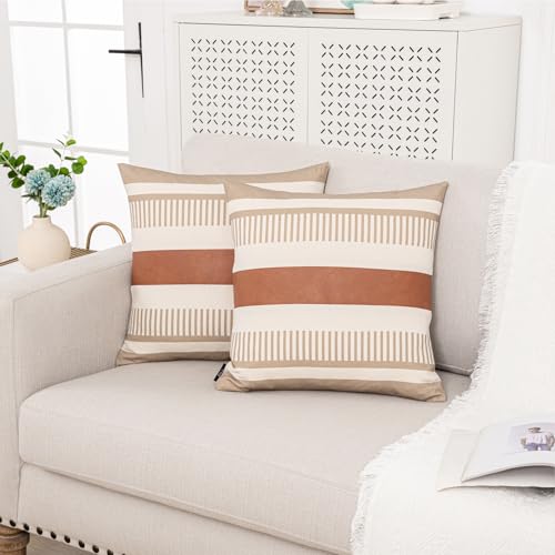 Vfuty 2 Pack 18x18 Inch Pillow Covers - Brown Faux Leather & Tan Stripe Print Soft Canvas Splicing, Same Pattern Both Sides | for Sofa Couch Bed Living Room, Farmhouse Industrial Minimalist Decor — view 2