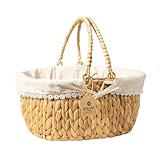 BINH YEN HOME Wicker Basket with Handles and Lining, Handwoven Water Hyacinth Picnic Hamper, Oval Basket for Camping, Outdoor, Fruit, Wine, Thanksgiving Day, Birthday, Easter, Parent (White, M)