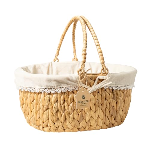 BINH YEN HOME Wicker Basket with Handles and Lining, Handwoven Water Hyacinth Picnic Hamper, Oval Basket for Camping, Outdoor, Fruit, Wine, Thanksgiving day, Birthday, Easter, Gift, Home Decor