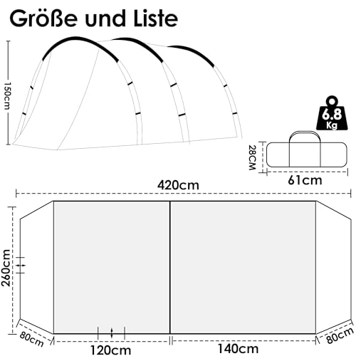 Camping Zelt 4 Personen Zelte 5000mm wasserdichte Tunnelzelt Familienzelt Gruppenzelt Vorzelt Sonnensegel Tipi-Zelt Groß Campingzelt mit Schlafkabine Glamping-Zelt mit abnehmbarem 03 – Bild 3