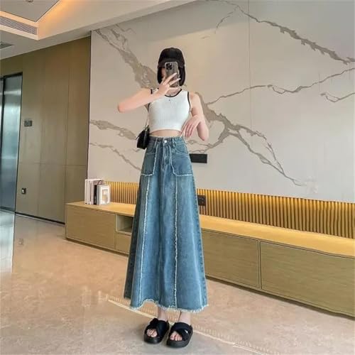 Women Plus Size High Waist Denim Skirt Slimming A-Line with Fringe Long Casual Autumn Skirt4