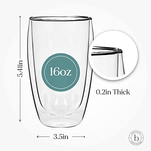 Brimley Clear 16Oz Double Walled Glasses 2 Pack - Insulated Glasses For Hot & Cold Beverages - Insulated Borosilicate Glass Drinking Glasses - Scratch Resistant, Dishwasher, Freezer & Microwave Safe #TOP5