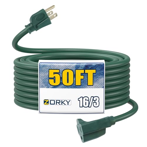 Image of 50ft Outdoor Extension Cord for Christmas Decorations- 16 /3 Heavy Duty SJTW Waterproof Green Electrical Cable with 3 Prong Grounded Plug for Safety, Great for Lawn and Major Appliances