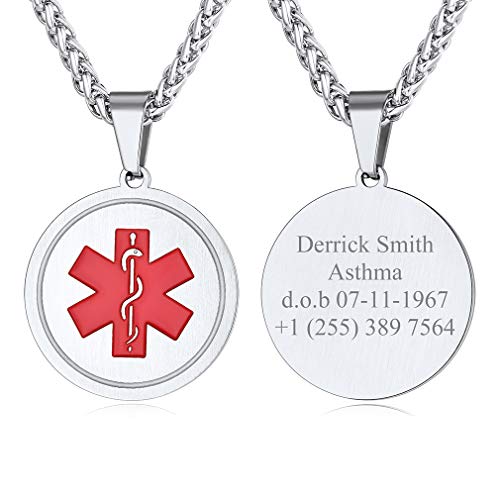 Custom4U Medical Alert Necklace for Women Men Personalized Stainless steel Medical ID Tag Tag with Name Engraved 3.0 Silver