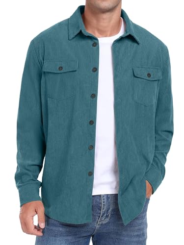 QIXING Herren Cordhemd Langarm Button Down Freizeithemd Regular Fit Jacke Herbst Winter Mantel mit Klappentaschen