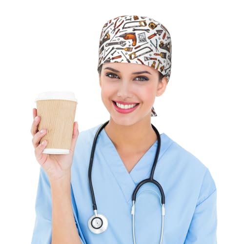 Image of Working Cap Scrub Cap with Sweatband Adjustable Unisex Women Tie Back Hat Nurse Surgical Caps