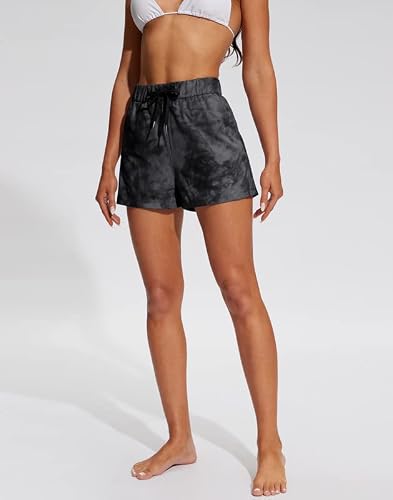 Santiny Women's Swim Board Shorts With Pockets Upf50+ Quick Dry 2.5'' Beach Bathing Suit Shorts For Women (01-D Tie Dye Black_S) #TOP2