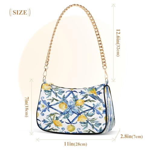 Image of Shoulder Bags for Women Vintage Yellow Lemon Fruit and Blue Print Hobo Tote Handbag Small Clutch Purse with Zipper Closure