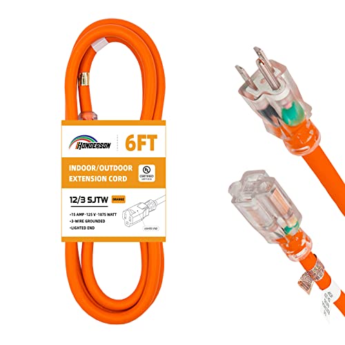 HONDERSON Cable de extensión para exteriores iluminado de 12/3 pies – Calibre 12 3 clavijas SJTW resistente cable de extensión naranja con enchufe de 3 clavijas para mayor seguridad, listado UL