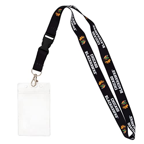 Desert Cactus Chicago Blackhawks Lanyard NHL National Hockey League Car Keys ID Badge Holder Lanyard Keychain Buckle (Black with Pouch)