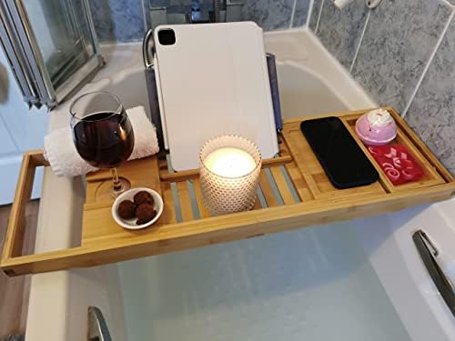 natural bamboo expandable bath caddy great to hold your essentials wine glass soap book ipad phone while you are relaxing in the bath home spa great gift
