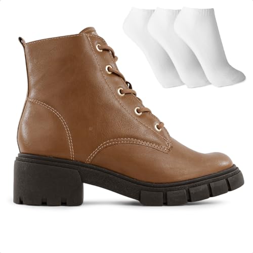 KIT Bota Coturno Ramarim Tratorada Feminina + 3 Pares de Meias (Marrom, BR, Adulto, Numérico, 35)