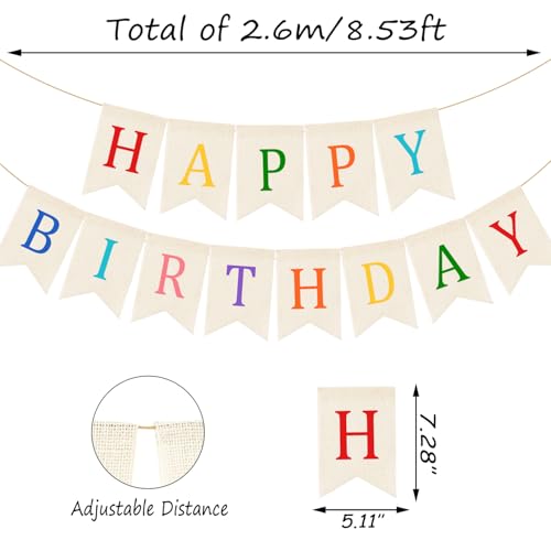 Image of Doumeny Happy Birthday Burlap Banner Boho Birthday Garland Banner Rainbow Bohemian Bunting Garland White Birthday Hanging Bunting Multicolor Birthdays Sign Party Flag for Home Mantel Fireplace Nursery