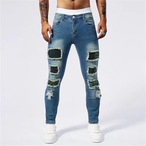 Men High Street Motorcycle Casual Tight Stretch Denim Trousers Personalized Ripped Slim Fit Jeans4