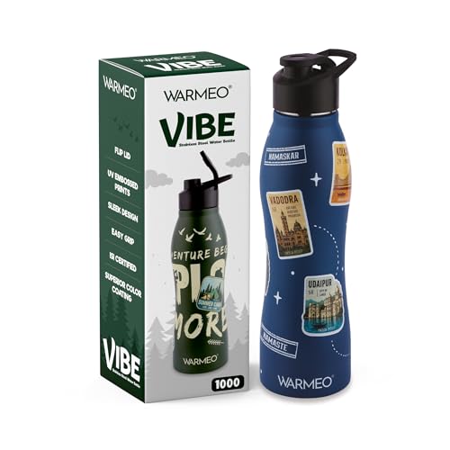 Image of WARMEO VIBE 1000 Stainless Steel Water Bottle 1000 ml | Incredible India 3D Embossed Design | Single Walled, ISI Certified I Leak Proof Lid, Rust Proof I For School, Office, Gym I Blue