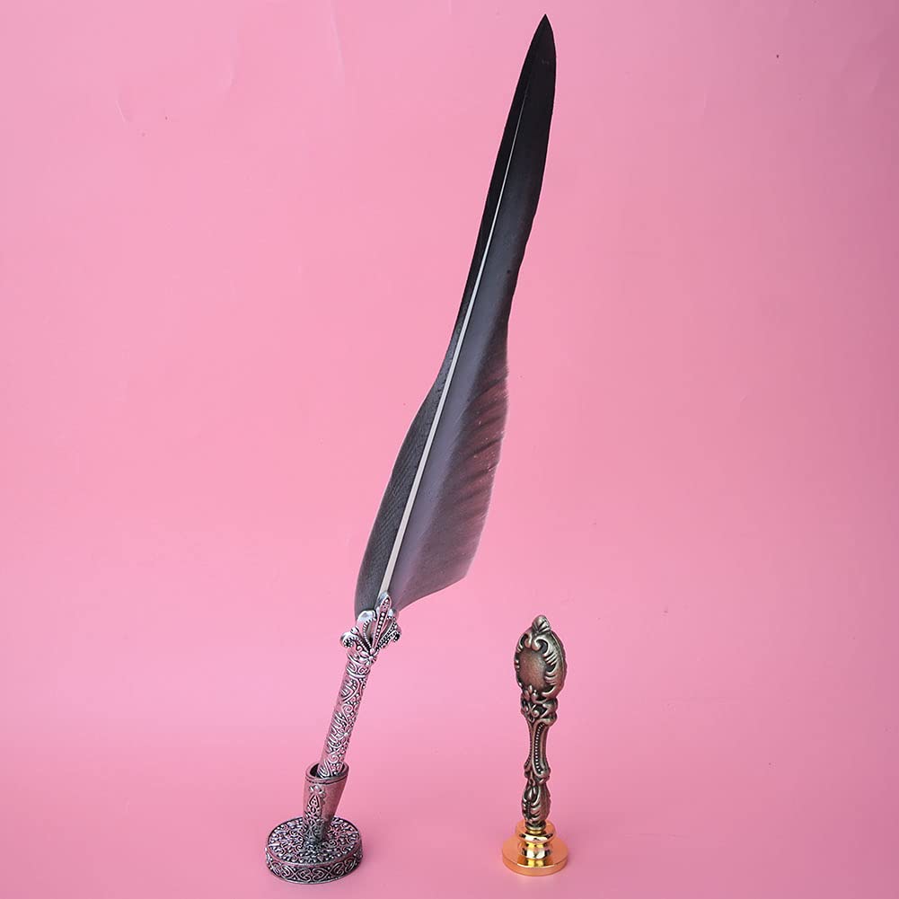 European Retro Stalówki ze stali nierdzewnej Zestaw wosków do pisania zanurzeniowego Prezent z pudełkiem do pakowania (SFDPS025031 pointed gray feather)