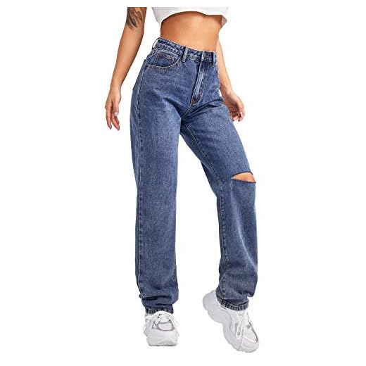 SweatyRocks Women's High Waist Slant Pocket Denim Jeans Ripped Straight Leg Pants Blue M