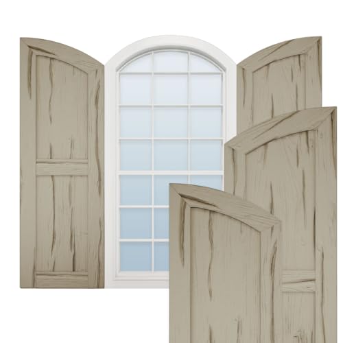 Ekena Millwork 15"W x 56"H (51" Low Side) Timberthane Riverwood Two Equal Flat Panel w/Elliptical Top Faux Wood Shutters (Per Pair), Primed Tan