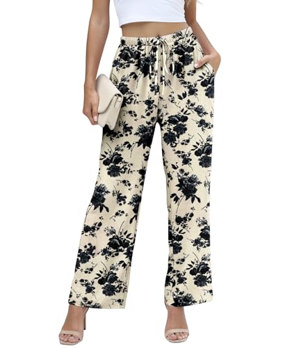 NILOUFO Women Summer Casual High Waist Wide Leg Pants Fashion Lightweight Flowy Boho Beach with Pockets(Ink-Wash Rose, Large)