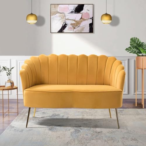 Image of Velvet 2 Seater Sofa Upholstered Loveseat Couch with Metal Legs Arm Backrest for Living Room Bedroom (Yellow)