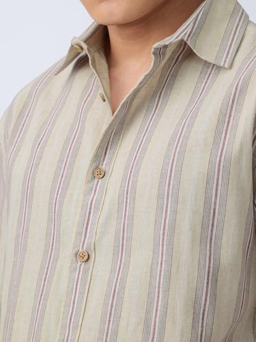 Image of The Souled Store: Echo Men and Boys Long Sleeve Spread Collar Beige and Blue Striped Regular Fit Casual Easy to Wear Summer Ready Lightweight Cotton Linen Shirt
