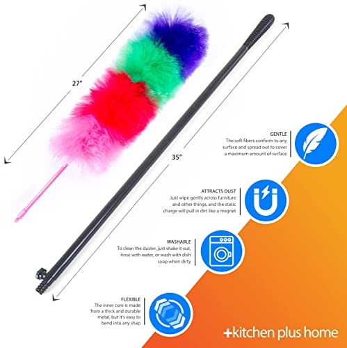 Kitchen + Home Large 27" Inch Static Duster With Bonus 35" Inch Extension Pole - Electrostatic Feather Duster Attracts Dust Like A Magnet! - Assorted Colors Will Ship #TOP2