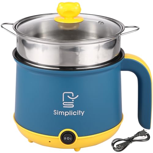 Abizarch Electric Hot Pot with Stainless Steel Steamer 1.8L/55oz Non-Stick Noodle Cooker with 2 Power Level Portable Travel Cooker Quick Cook Multi-Functional Electric Skillet for Soup Porridge ZHAZHA