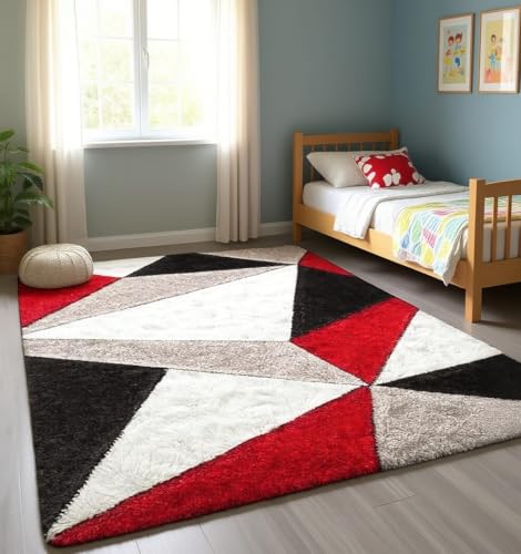 Image of Naze Carpet for Hallway, Kitchen, and Modern Interiors, Contemporary Color Block Area Rug - Cozy Shag Runner for Living Room, Entryway & Office Decor ETC Size 4x6 feet, Patten-Solid Ivory Red Tri-