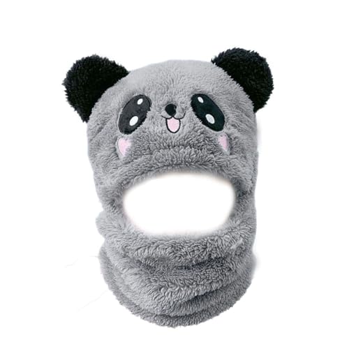 Pokinge 1Pcs Cute Panda Hats Scarf Set,Winter Warm Cartoon Panda Fleece Hat with Scarf Full Face Neck Cover Creative Windproof Plush Cap for Girl Boy Grey2