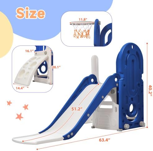 Toddler Climber and Slide Set 4 in 1, Kids Playground Climber Freestanding Slide Playset with Basketball Hoop Play Combination for Babies Indoor & Outdoor 3+ (Blue)
