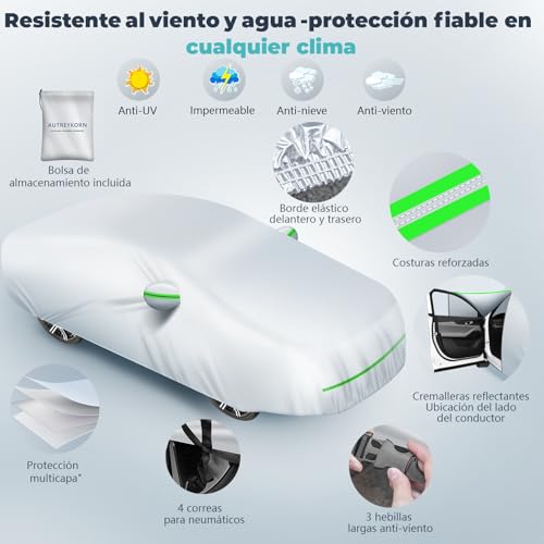 Autreykorn Funda Coche Exterior Impermeable Anti-UV Resistente al Viento y al Polvo con Cremallera Lateral, Funda Coche 510x190x150 cm Berlinas Medianas y Grandes - imagen 8