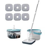 Mop and Bucket Set with Wringer, Dual Compartment Design for Clean, Dirty Water, 6 Microfibre Mop Pads for Cleaning Windows, Skirting Boards, Ceilings etc, Includes Scrub Brush and Duster with Wringer
