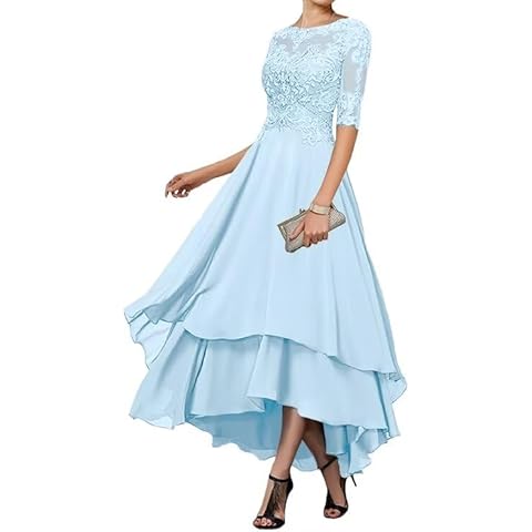 Plus Size Mother of The Bride Dresses for Women Lace Applique Half Sleeve Mother of The Groom Dresses Tiered A Line Tea Length Chiffon Wedding Evening Gowns 16 Light Blue Cover