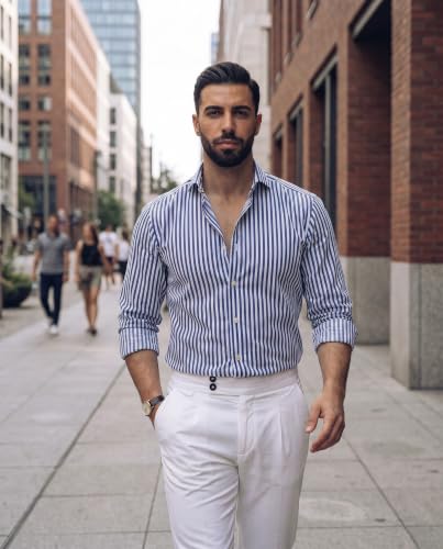 Image of IndoPrimo Men's Striped Shirt | Premium Slim Fit Full Sleeve Formal Casual Shirt | Button-Down Cotton Shirt for Office