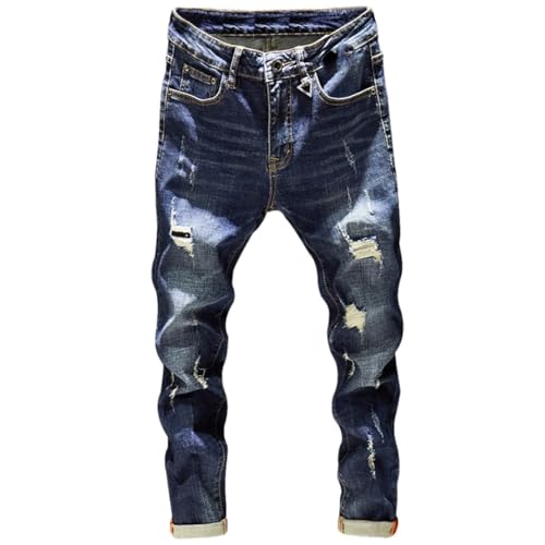 Mens Spring Ripped Jeans Slim Fit Dark Blue Destroyed Torn Moto Biker Pants Hip Hop Jeans Denim