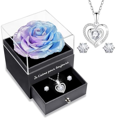 Yamonic Rose Eternelle avec Bijoux Argent 925,Cadeau Femme, Rose Préservée avec Collier Femme Coffret Cadeau Noel Saint Valentin Femme Anniversaire Fete des Mere Cadeau Maman Je t'aime pour Toujours