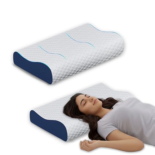 Image of Standard Cervical Pillow, Memory Foam Contour for Neck and Shoulder Pain Relief, Ergonomic Design for Side and Back Sleepers, Breathable Blue Cover, 60 x 35 x 12 cm Orthopedic Bedding