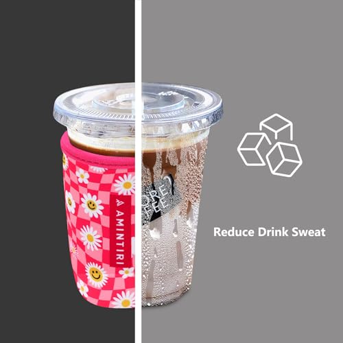 Image of 3 Pack Reusable Neoprene Sleeve for Iced & Hot Drinks, Compatible with Starbucks & Dunkin' Coffee Cup - Daisy & Pink Checkerboard